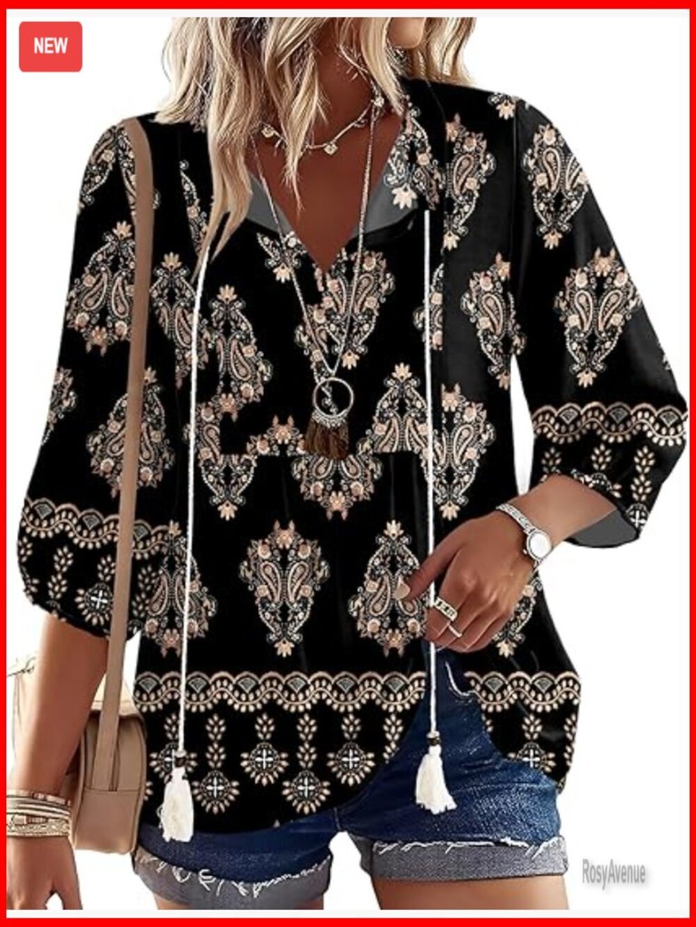 Women's Boho Tunic 3/4 Sleeve V-Neck Tie Front Casual Blouse Soft Flowy Top
